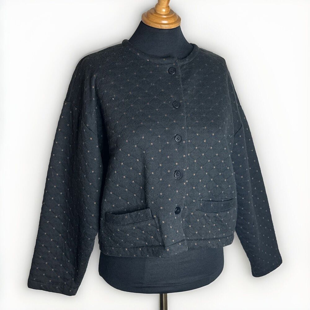 Vintage Tarazzia Quilted Sweater Women Size M Black Button Cardigan Pockets